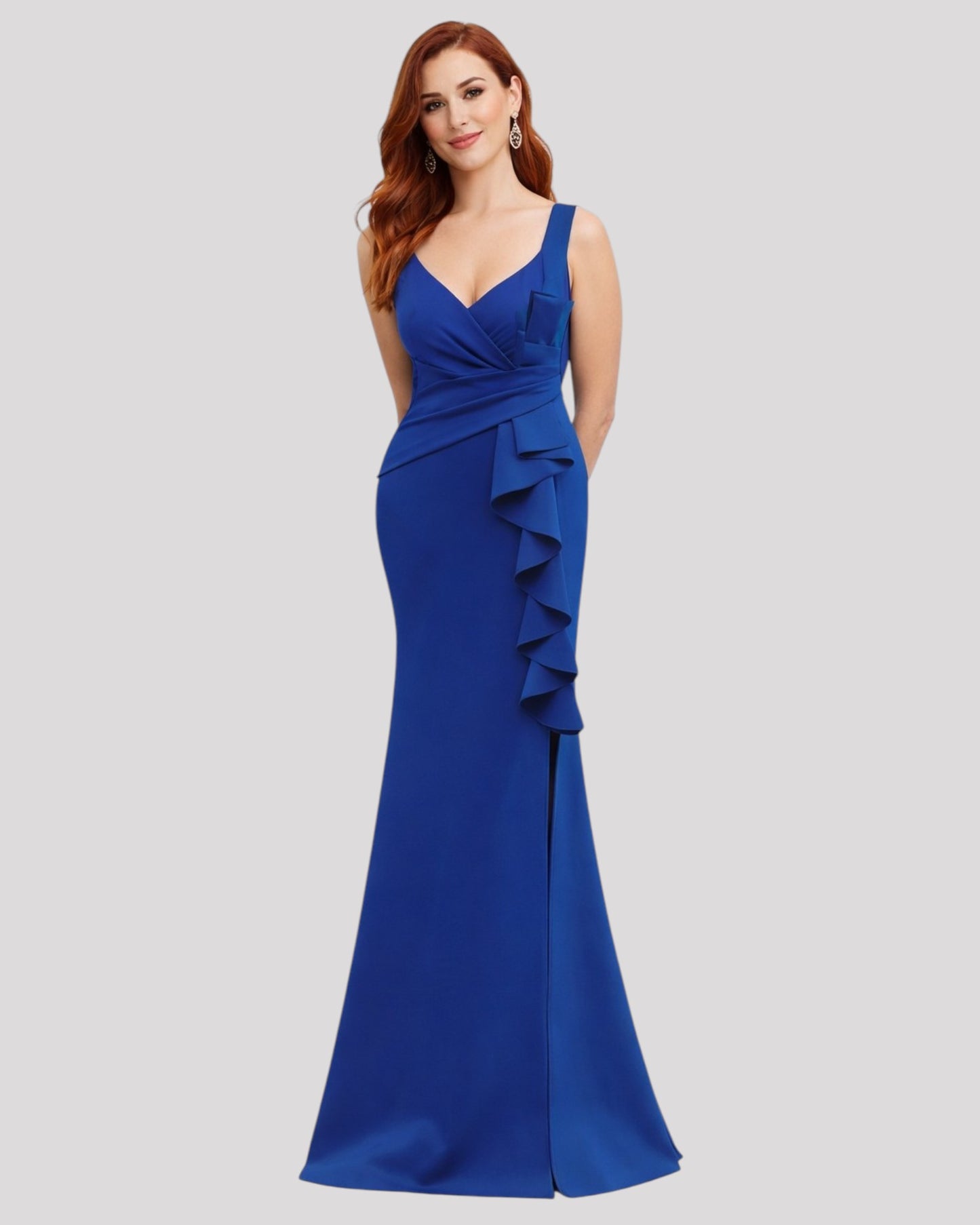 Gorgeous Pleated Bodice Evening Dress with Ruffle over Leg Split with a VNeckline Front and Back