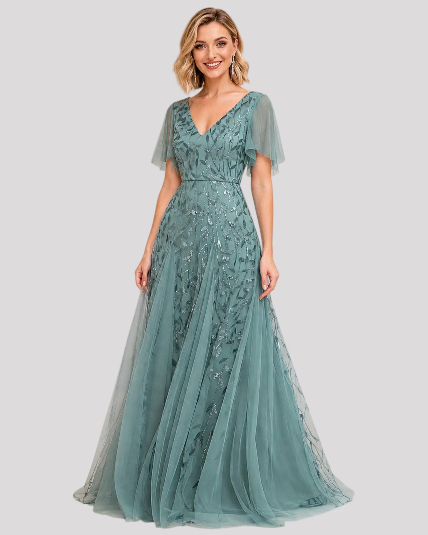 Elegant Sequin Detailed Evening Dress with Floating Sleeves and Floating Skirt Inserts Available in 7 colours