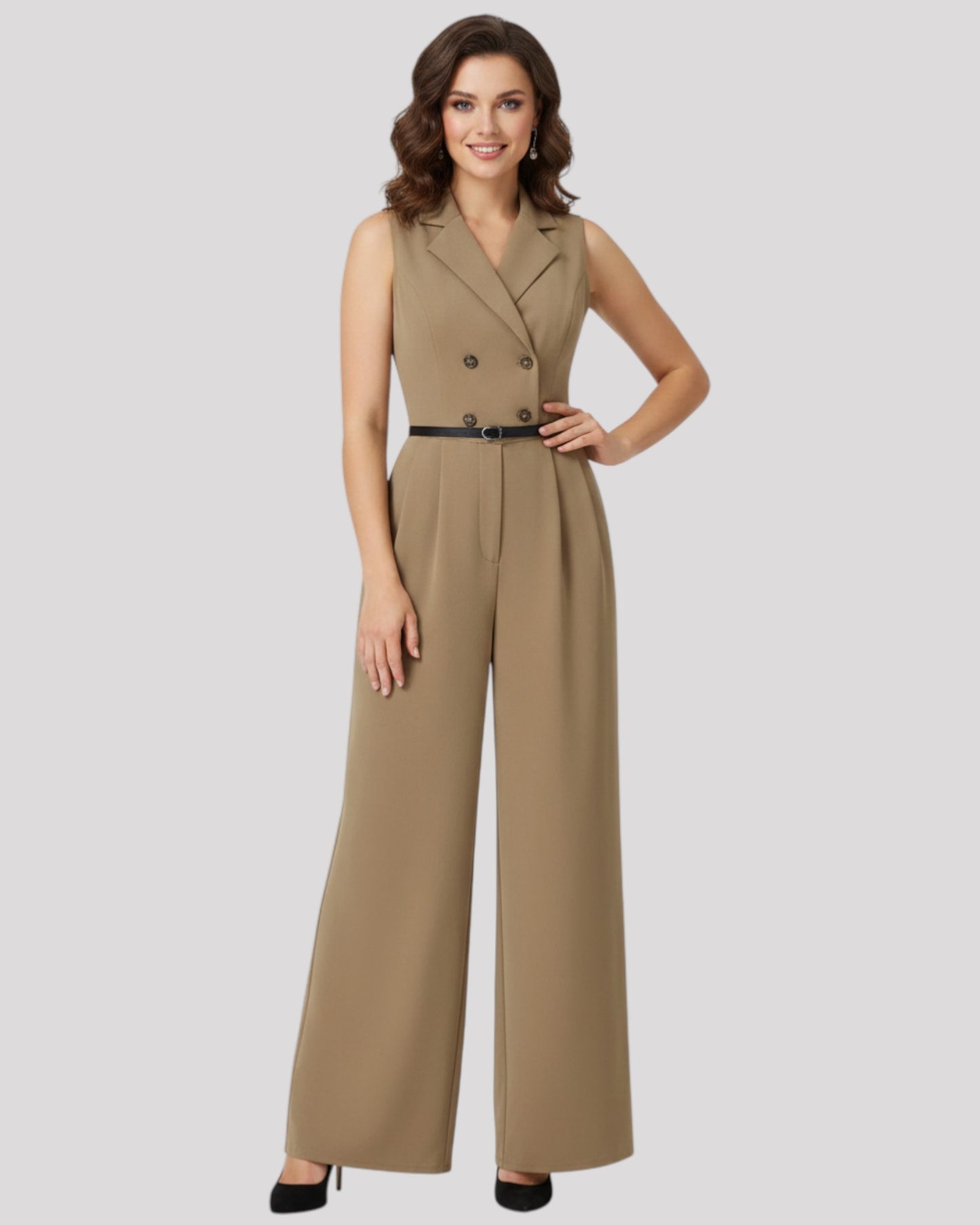 Lapel and Collar, Sleeveless Double Breasted Jumpsuit, Available in 3 Colours