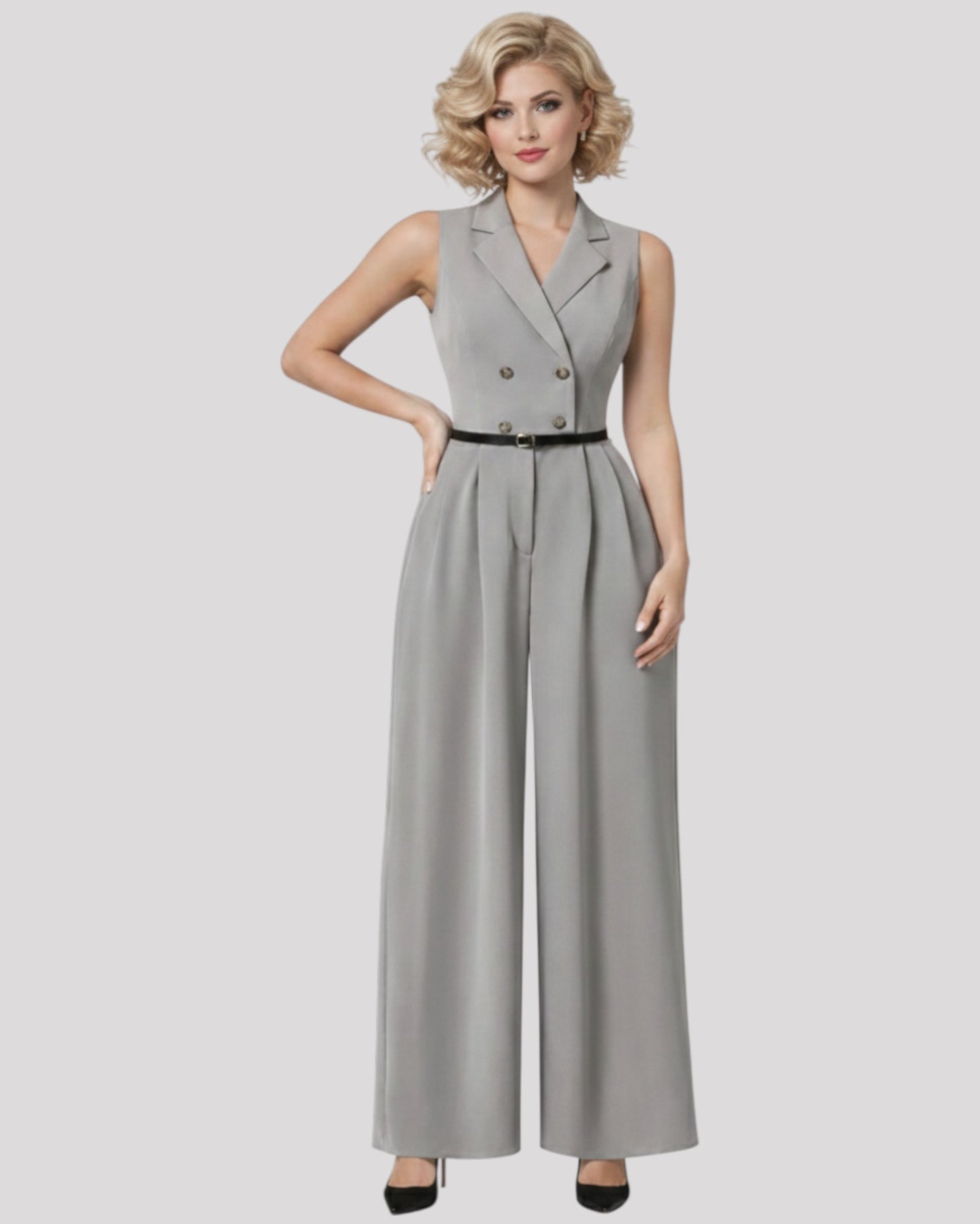 Lapel and Collar, Sleeveless Double Breasted Jumpsuit, Available in 3 Colours