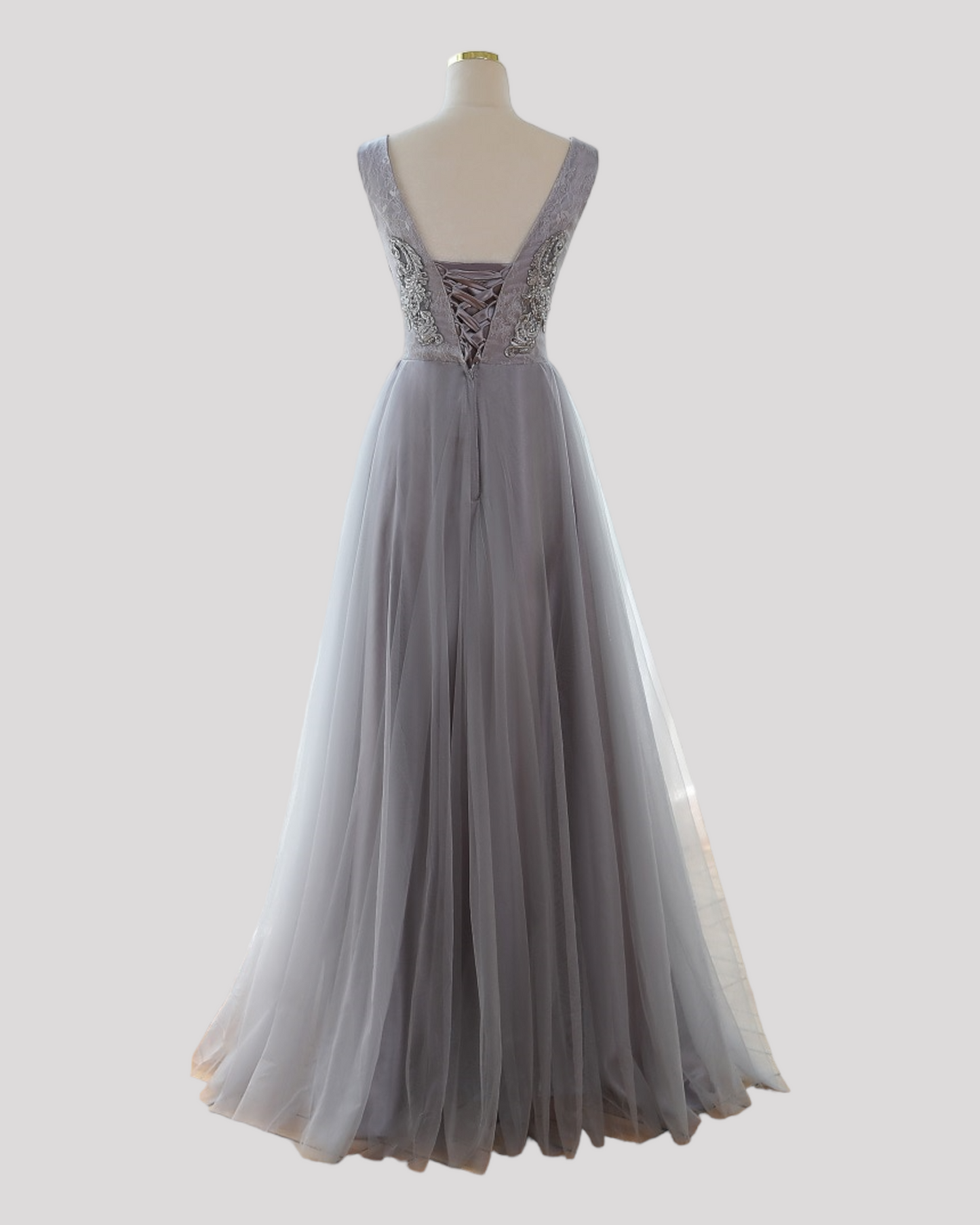 Elegant Silvery Grey Ball Dress with silver lace detailed bodice and Corset Lace up Back