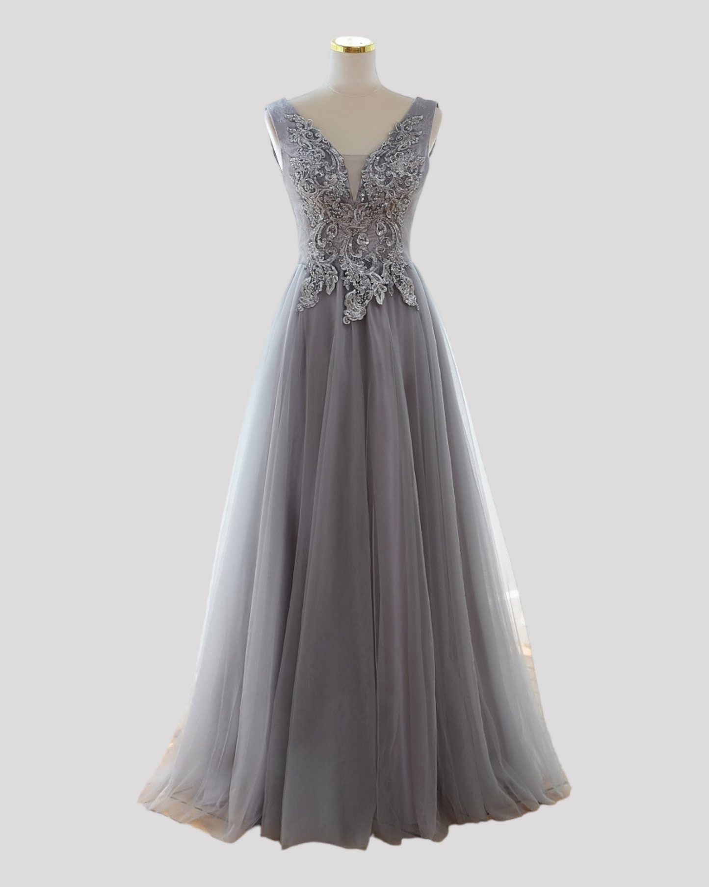 Elegant Silvery Grey Ball Dress with silver lace detailed bodice and Corset Lace up Back
