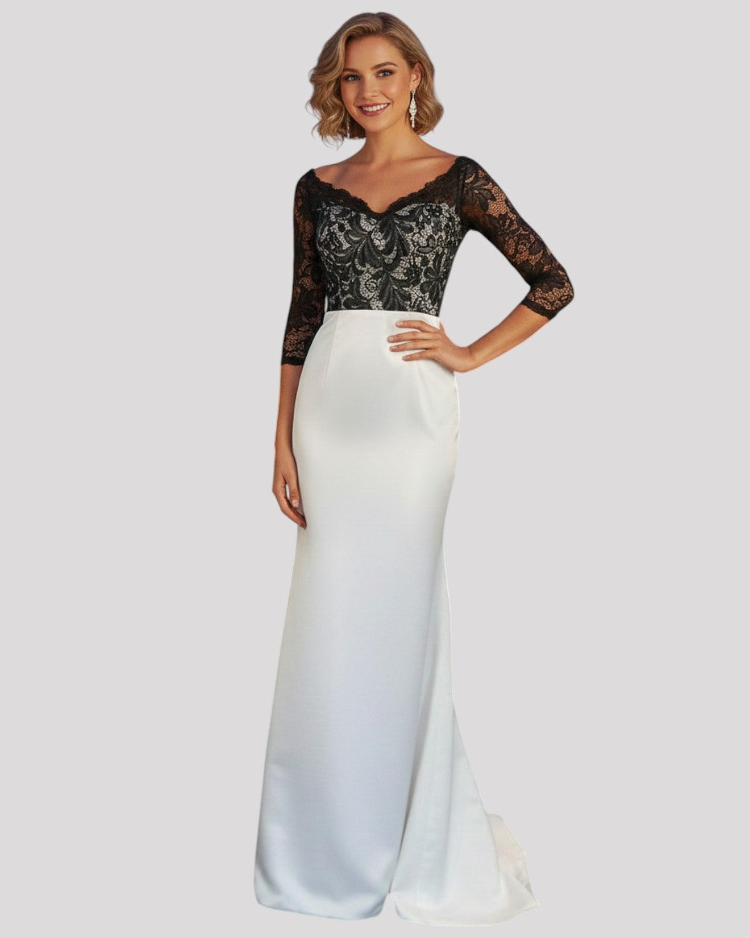 Savannah Black Lace and White Evening Dress