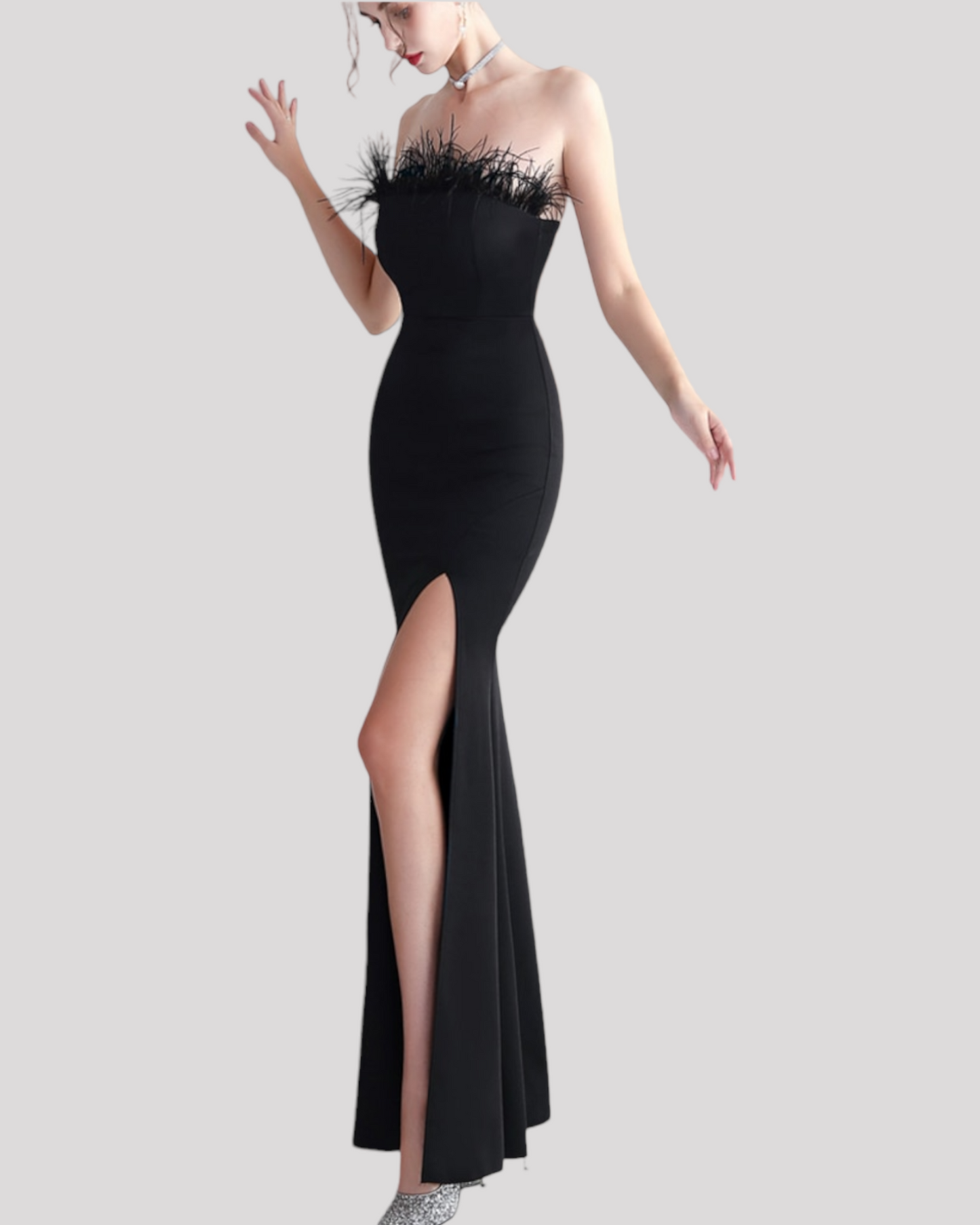 Feather Neckline Evening Dress with Front Leg Split, available in 6 Colours