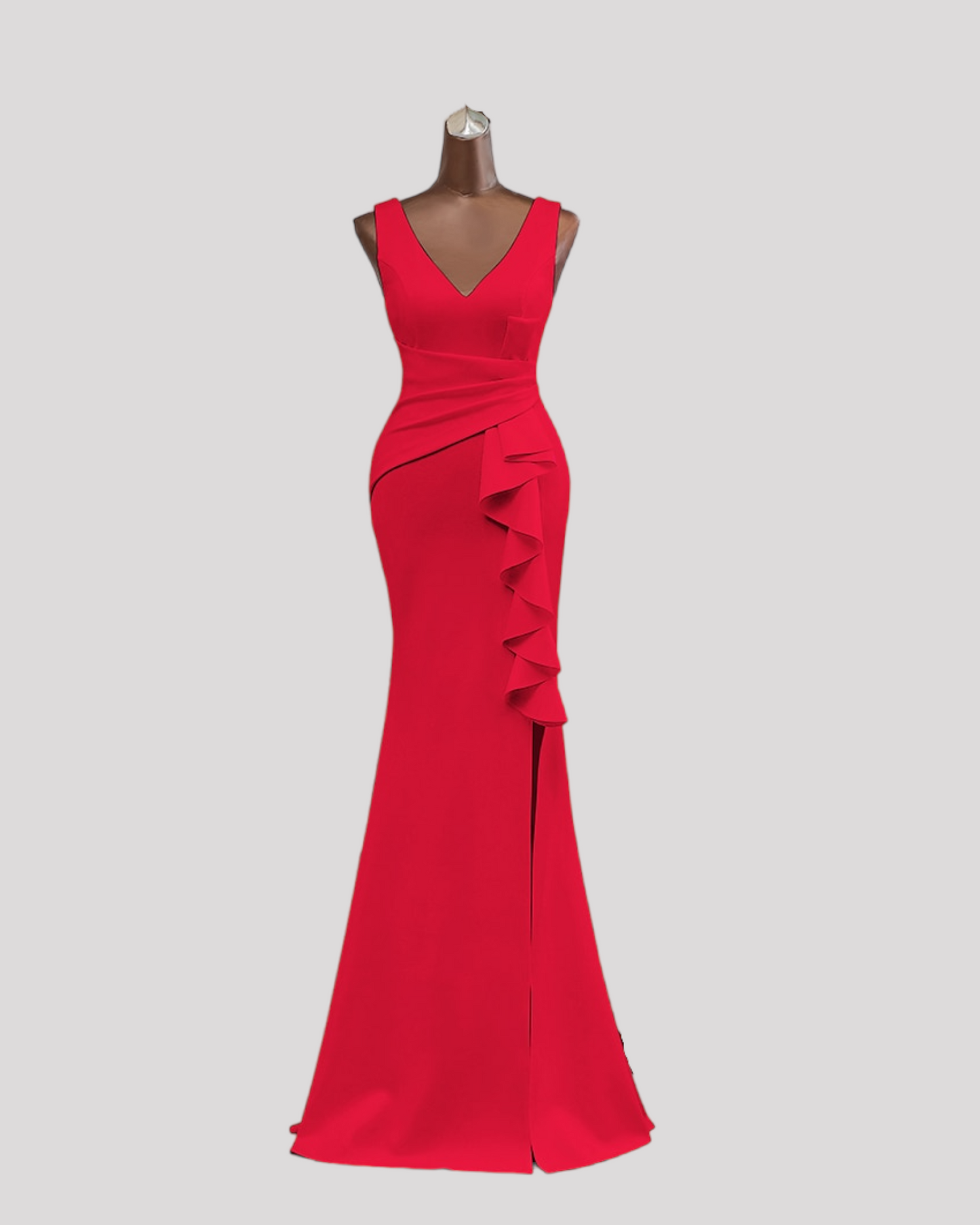 Gorgeous Pleated Bodice Evening Dress with Ruffle over Leg Split with a VNeckline Front and Back