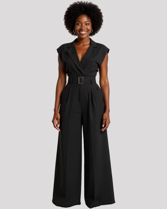 Sleeveless Jumpsuit with Shirt Style Collar and Lapel with Wide Shoulder, available in 3 Colours