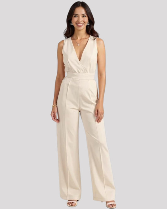 V Neck Sleeveless Women's Cream Jumpsuit