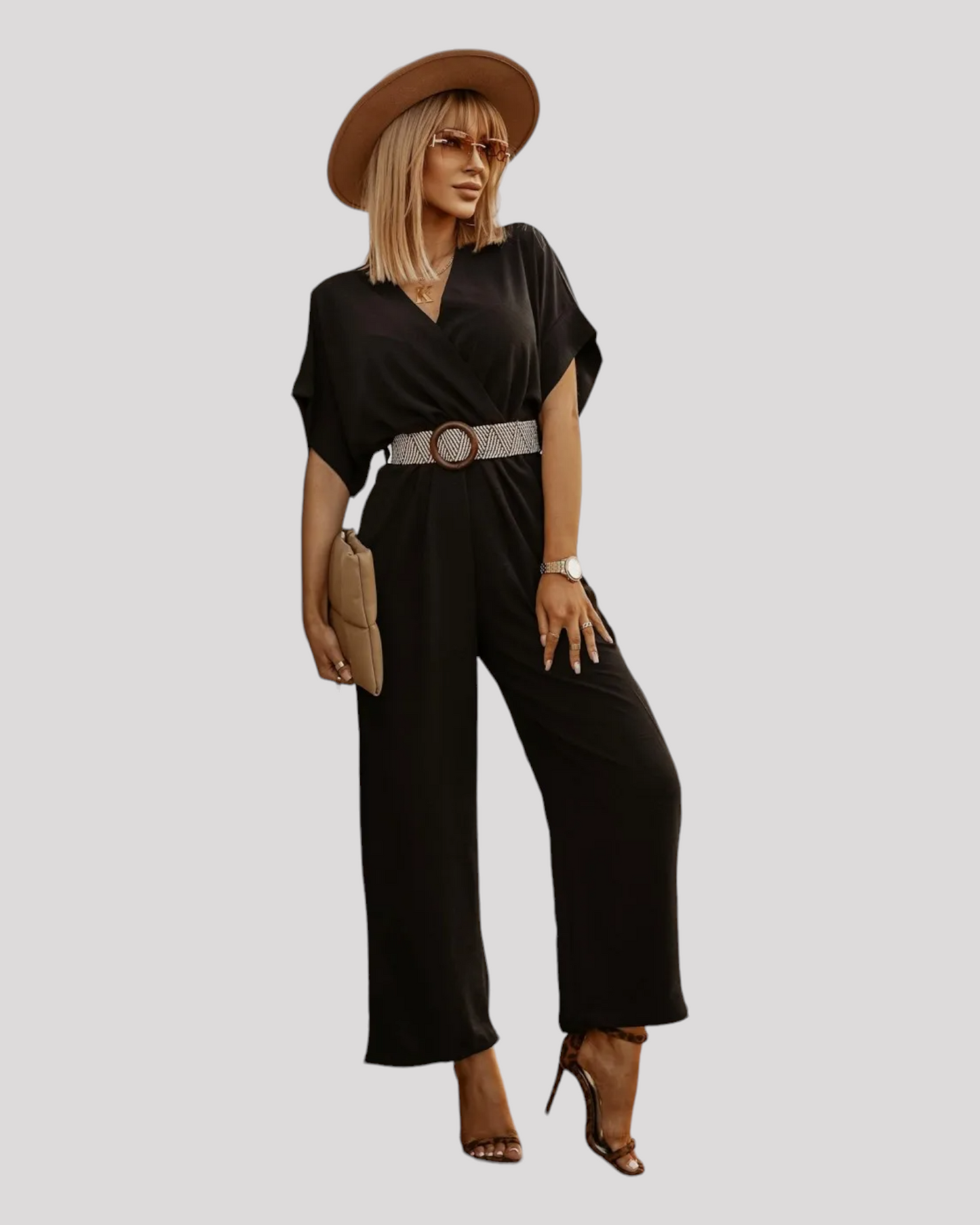 Gorgeous Wide Leg Jumpsuit with V Neckline and Wide Sleeves
