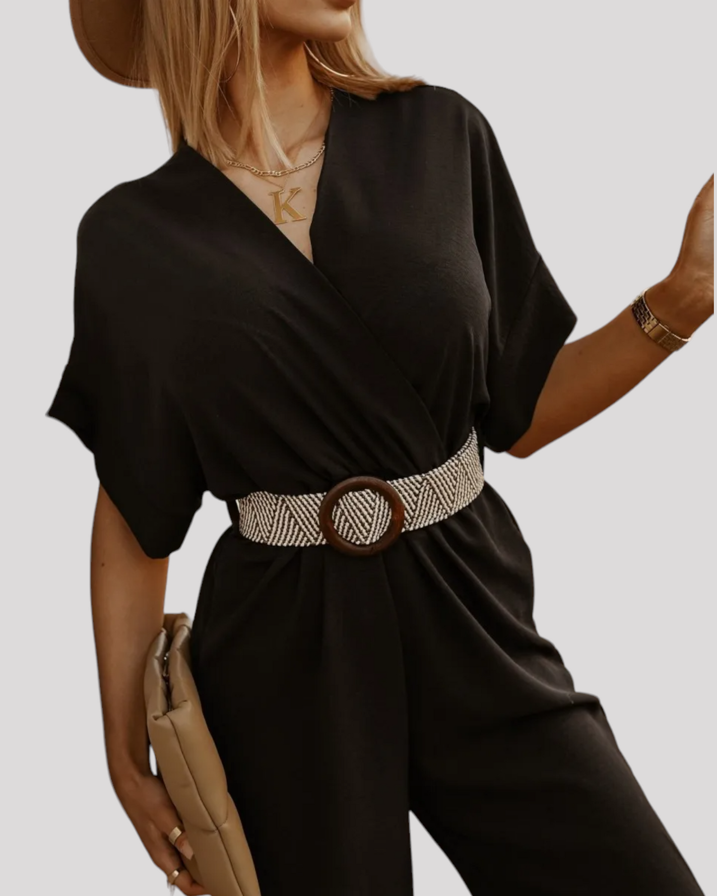 Gorgeous Wide Leg Jumpsuit with V Neckline and Wide Sleeves