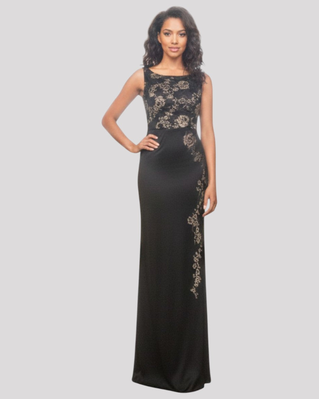 Megan Black and Gold Lace Evening Dress