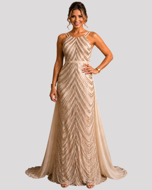 High Neck Sequin Mermaid Dress with detachable Overlay Skirt available in 6 colours
