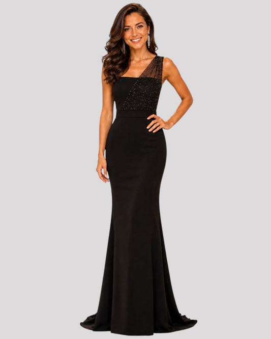 Strapless Dress with diamonte detail and one shoulder feature with a mermaid bottom