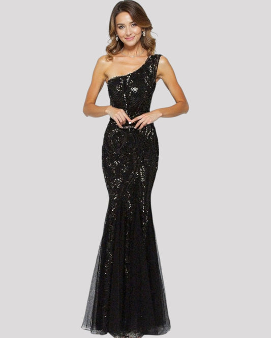 One Shoulder Sequin Mermaid Evening Dress with soft Chiffon Skirt Insert available in 5 Colours