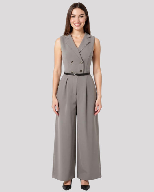 Lapel and Collar, Sleeveless Double Breasted Jumpsuit, Available in 3 Colours