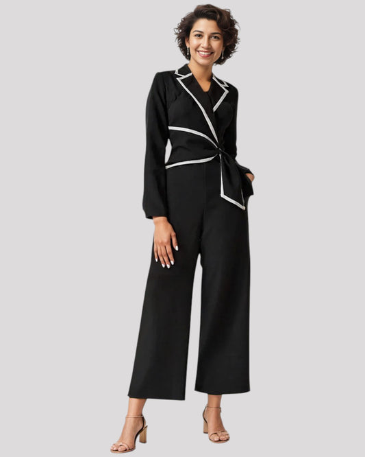 Black Long Sleeve Collared Jumpsuit with Contrast Trim Detailing