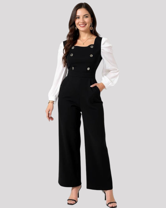 Chic Black Contrast Sleeve Jumpsuit with Button Front Detail