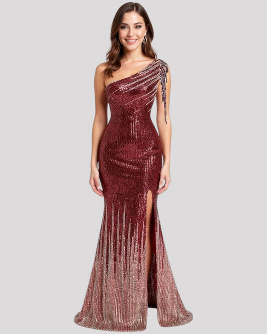One Shoulder Evening Dress in a 2 Tone Sequin Fabric with Shoulder Beading Draping, Available in 6 colours