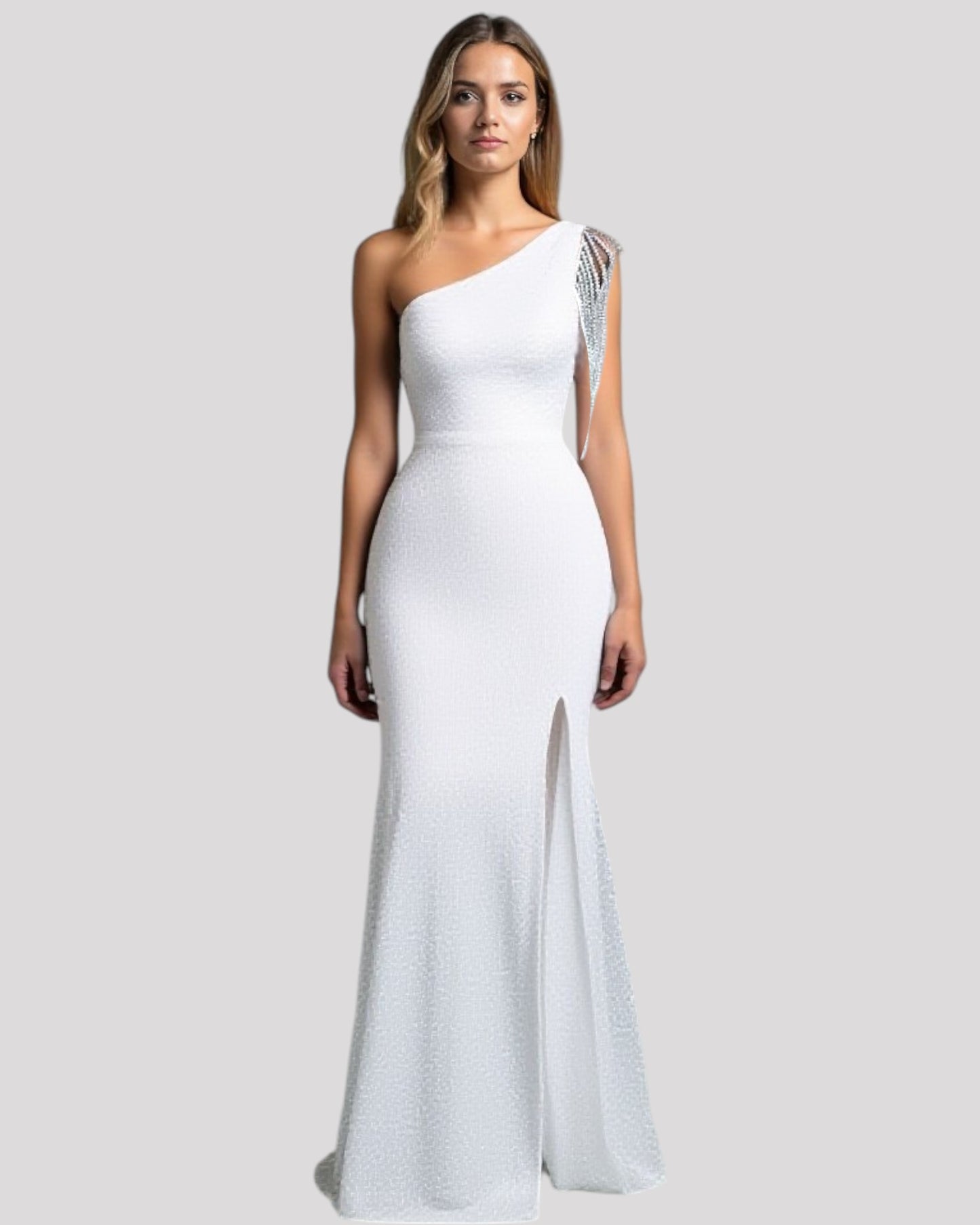 One Shoulder Evening Dress in a 2 Tone Sequin Fabric with Shoulder Beading Draping, Available in 6 colours
