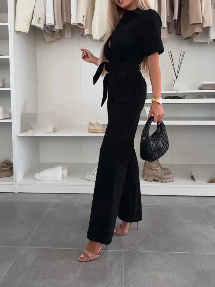 Jumpsuit with Shirt style Blouse with Collar and Short Sleeves, Available in 4 Colours