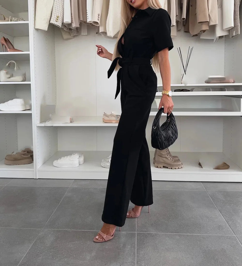 Jumpsuit with Shirt style Blouse with Collar and Short Sleeves, Available in 4 Colours