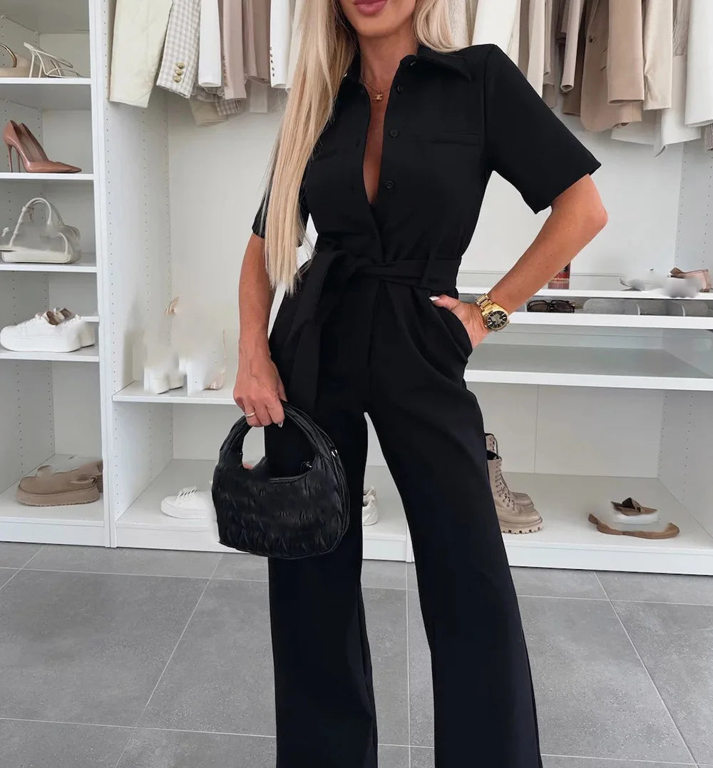 Jumpsuit with Shirt style Blouse with Collar and Short Sleeves, Available in 4 Colours