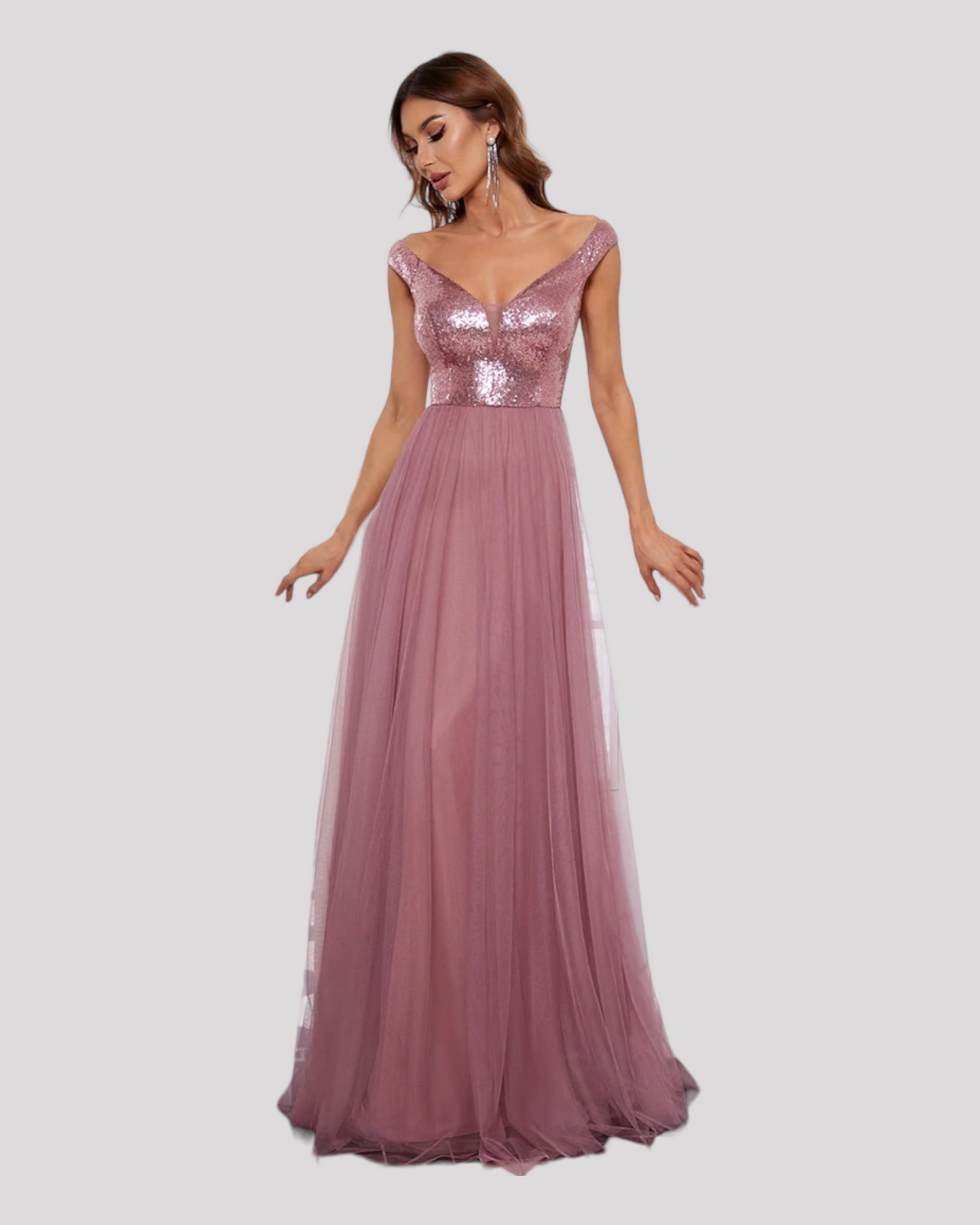 Elegant Sequin Bodice and Soft Tulle Evening Dress with V Neckline available in 7 Colours