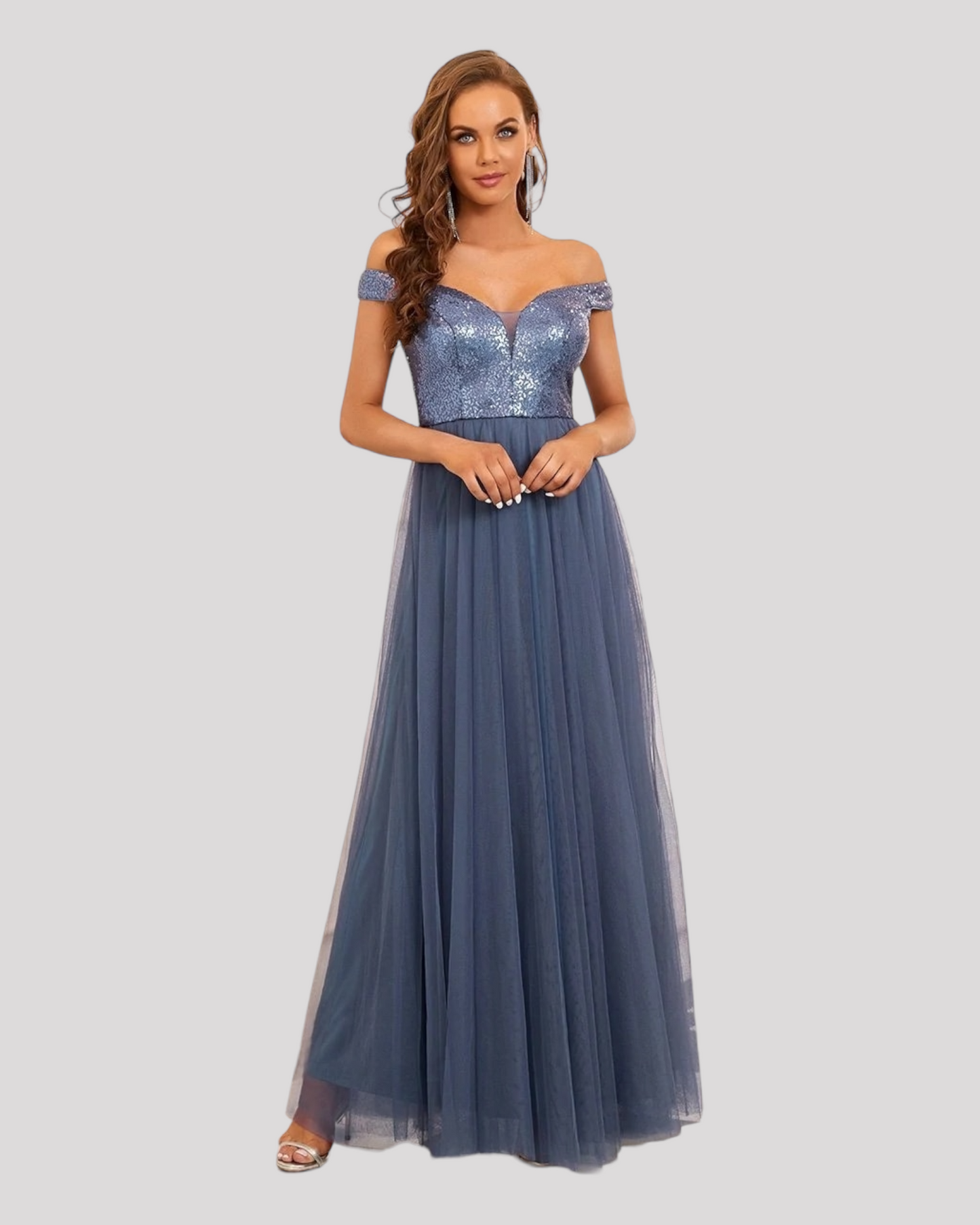 Elegant Sequin Bodice and Soft Tulle Evening Dress with V Neckline available in 7 Colours