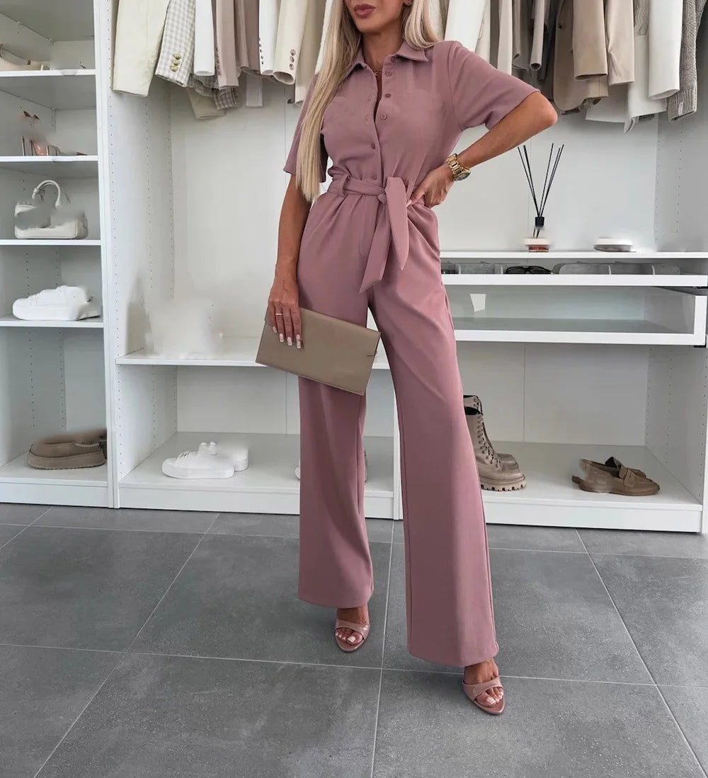 Jumpsuit with Shirt style Blouse with Collar and Short Sleeves, Available in 4 Colours