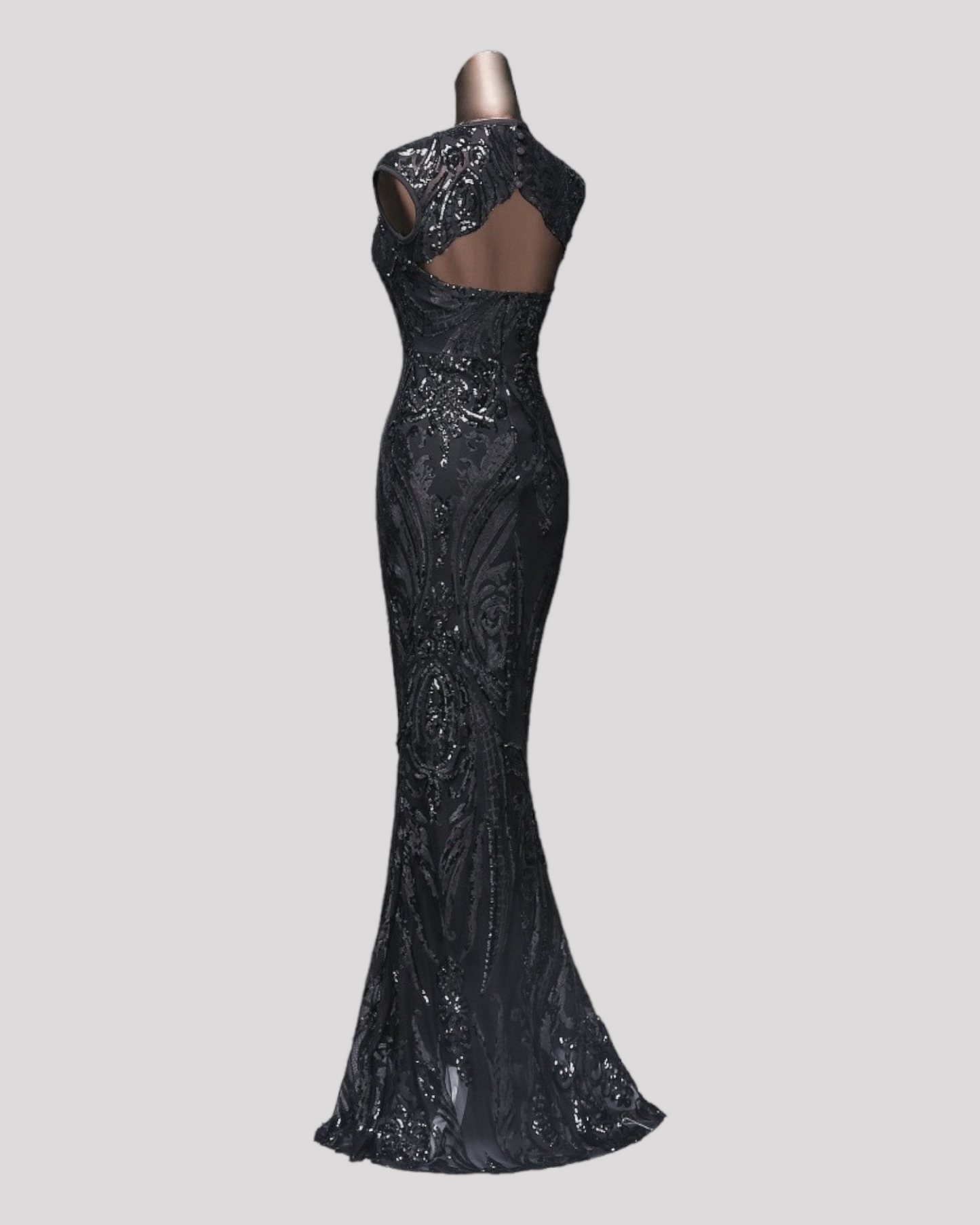 Beautiful Sequin Mermaid Style Evening Dress with high Neck and Cut out Back Feature