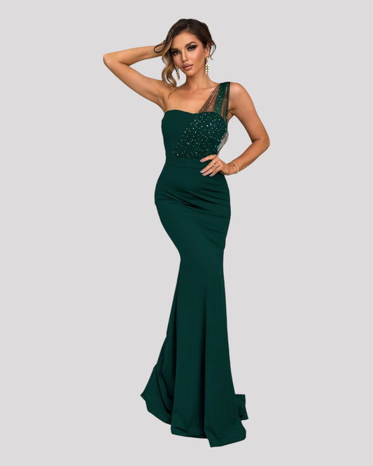 Strapless Dress with diamonte detail and one shoulder feature with a mermaid bottom