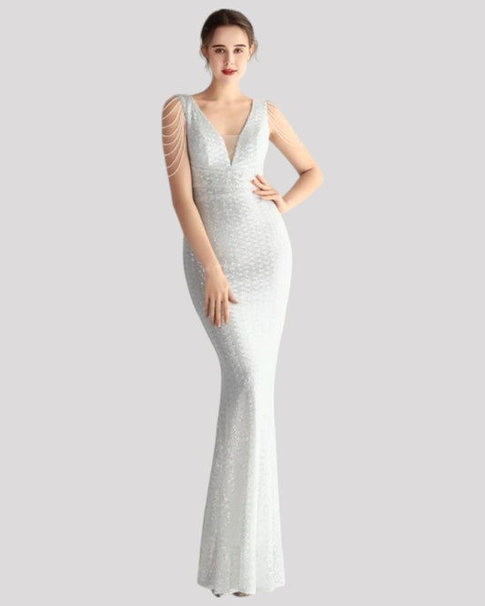 Mermaid Sequin Dress with Pleating detail over waist and Beaded Illusion Sleeves