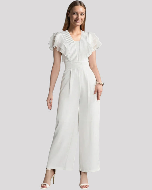 White Ruffle Flutter Sleeve Pleated Jumpsuit