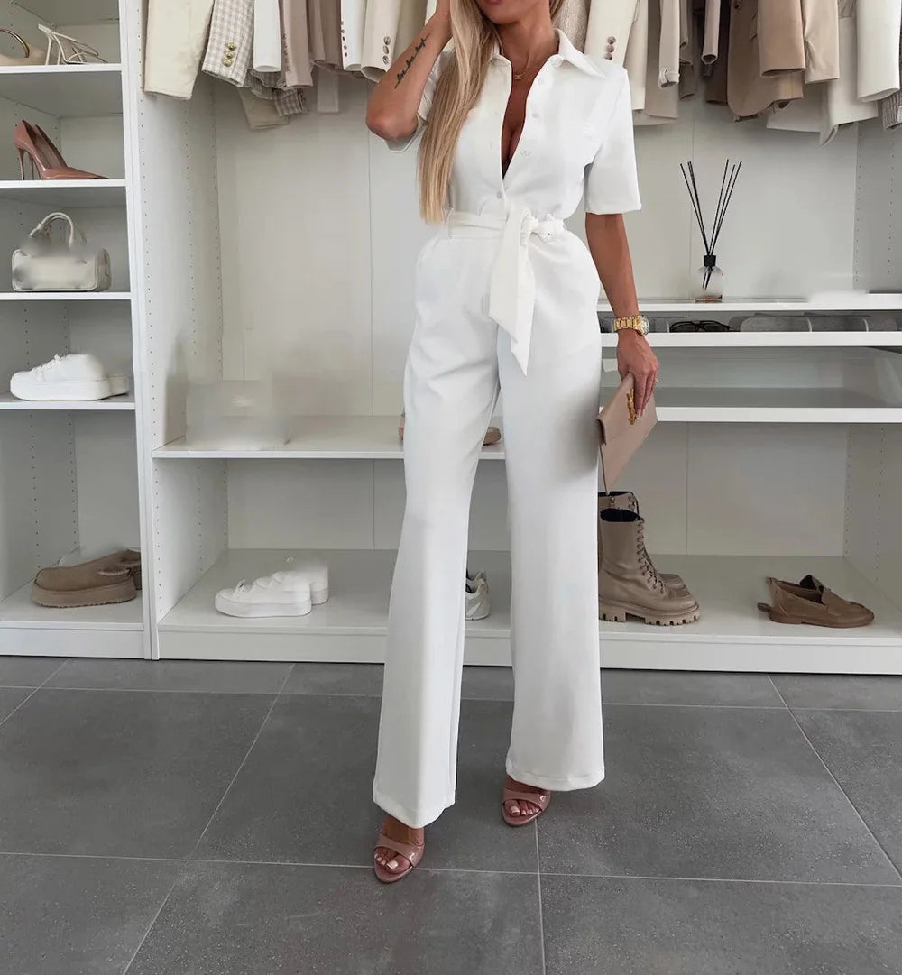 Jumpsuit with Shirt style Blouse with Collar and Short Sleeves, Available in 4 Colours