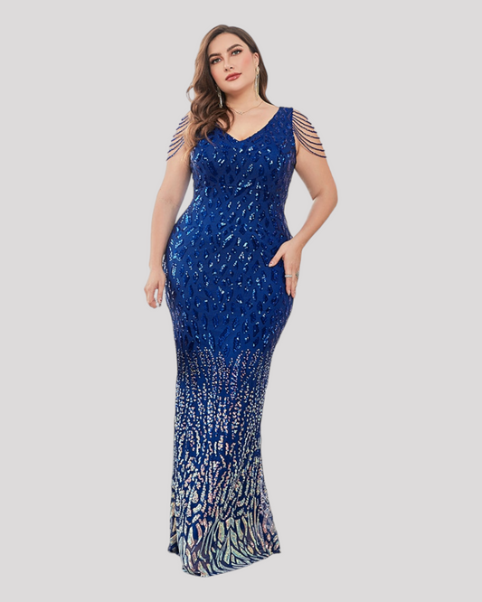 2 Tone Sequin Evening Dress with illusion Beading Sleeve