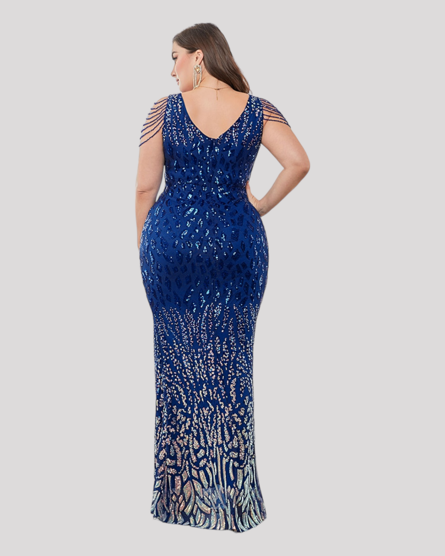 2 Tone Sequin Evening Dress with illusion Beading Sleeve