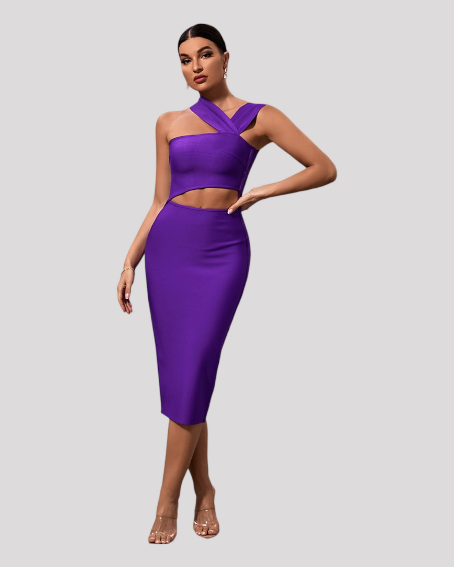 Purple Fitted Cocktail Dress with Waist Cut Out