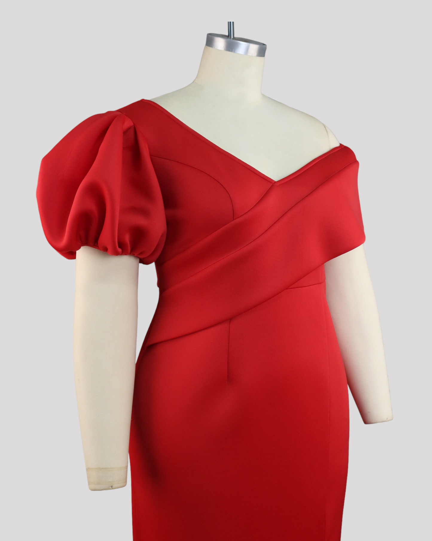 Red V Neck Off the Shoulder 3/4 Length Dress