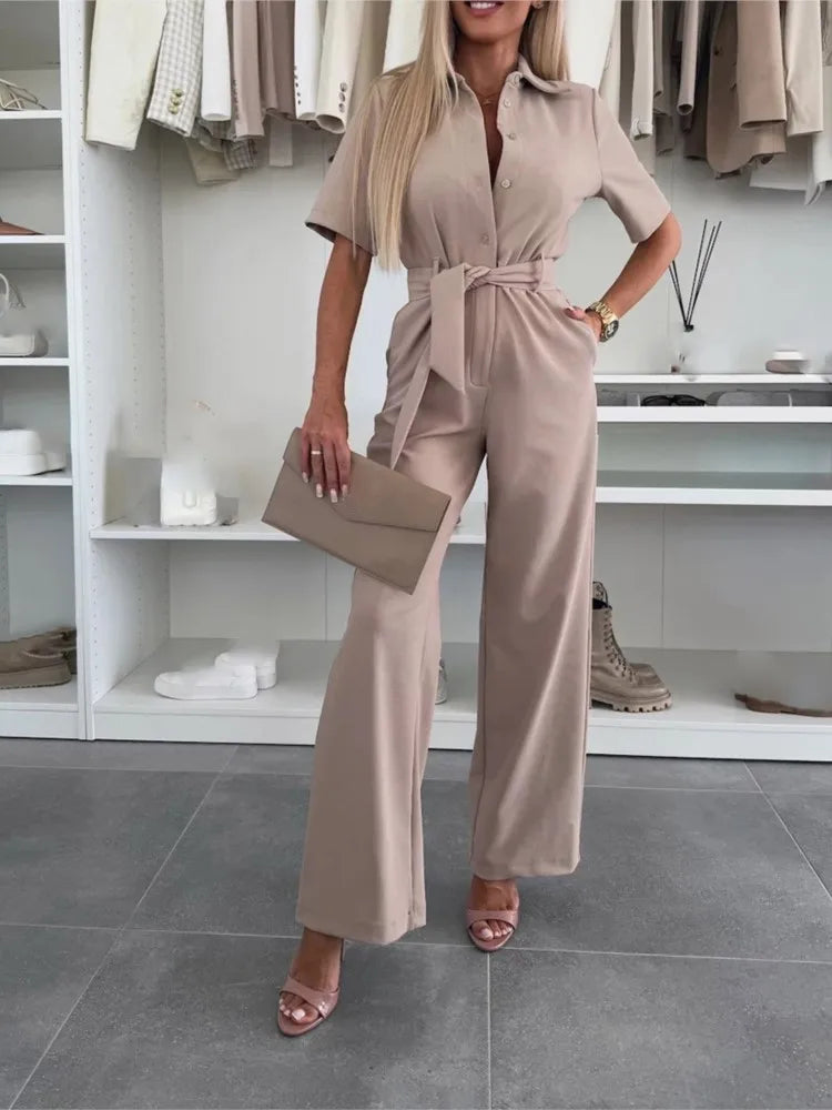 Jumpsuit with Shirt style Blouse with Collar and Short Sleeves, Available in 4 Colours