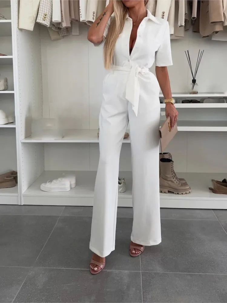Jumpsuit with Shirt style Blouse with Collar and Short Sleeves, Available in 4 Colours