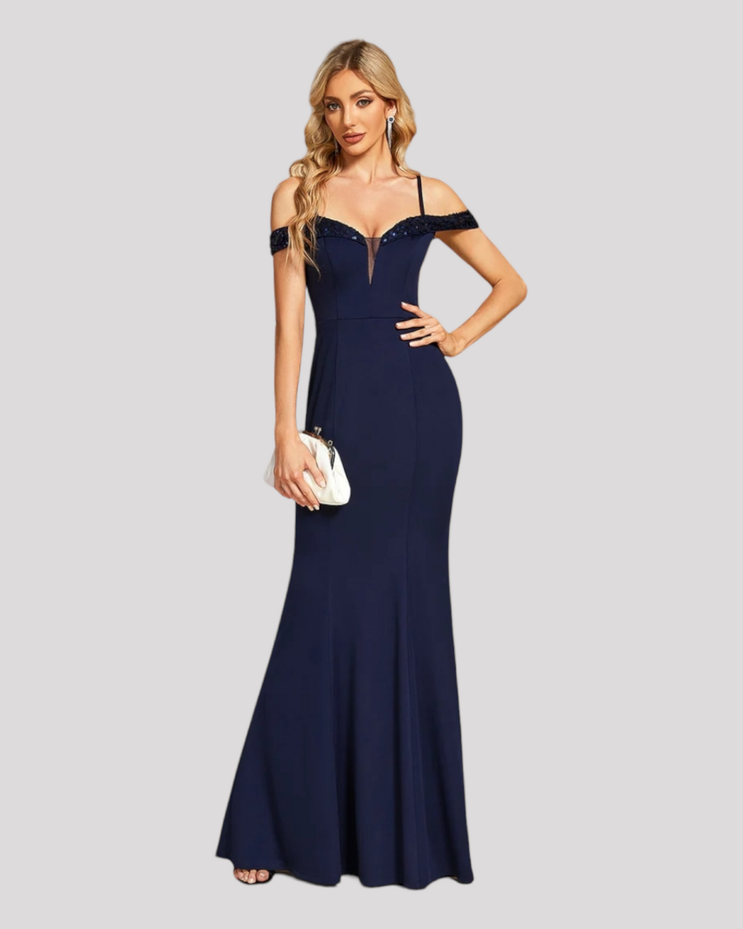 Off the Shoulder Evening Dress with Sequin Detailed Neckline, Choose from 3 colours