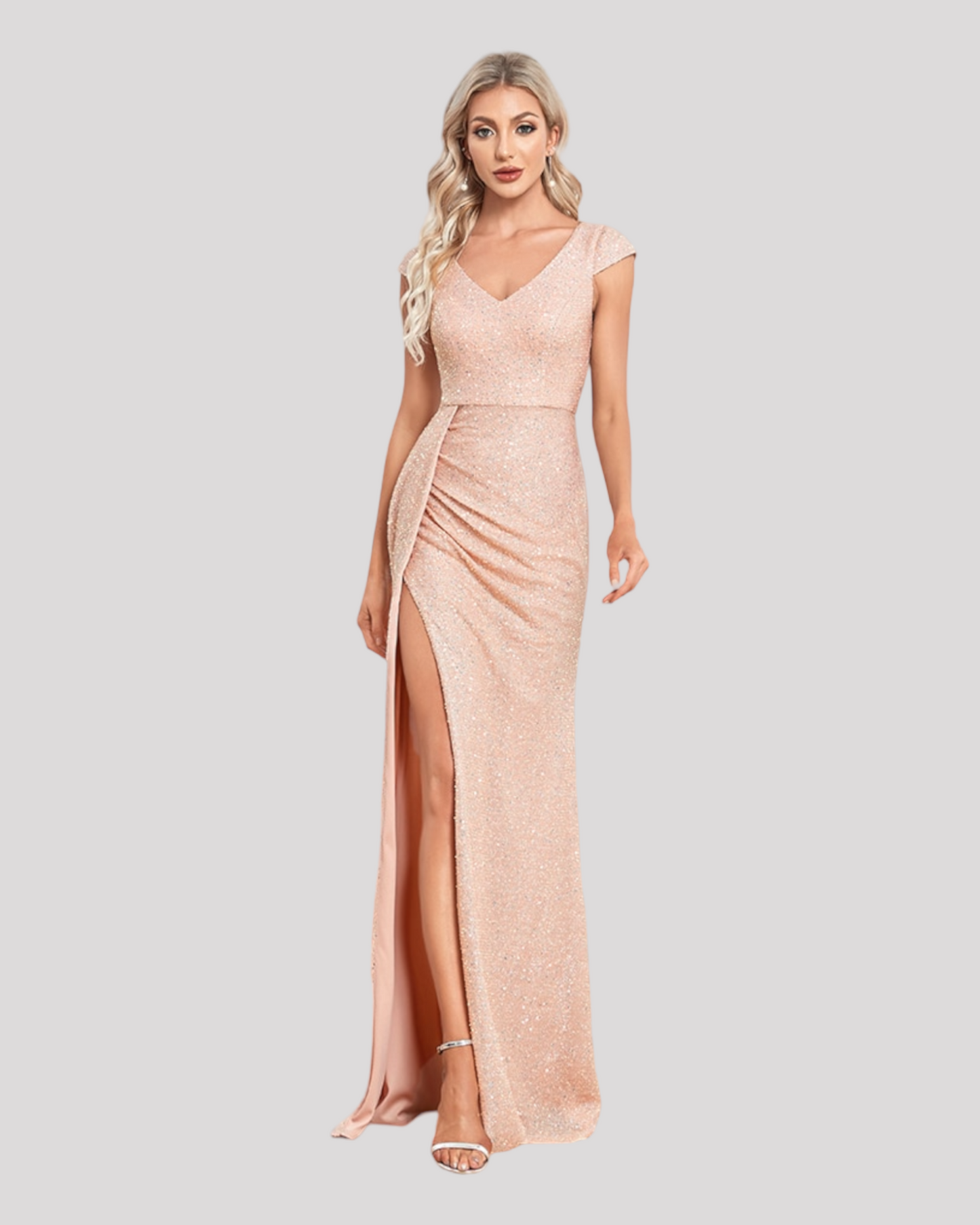 Champagne Pink Mermaid Sparkle Dress with V Neckline, Capped Sleeve and Beautiful pleating with Leg Split