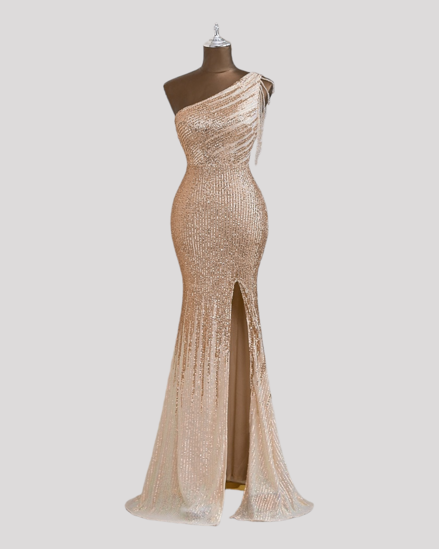 One Shoulder Evening Dress in a 2 Tone Sequin Fabric with Shoulder Beading Draping, Available in 6 colours