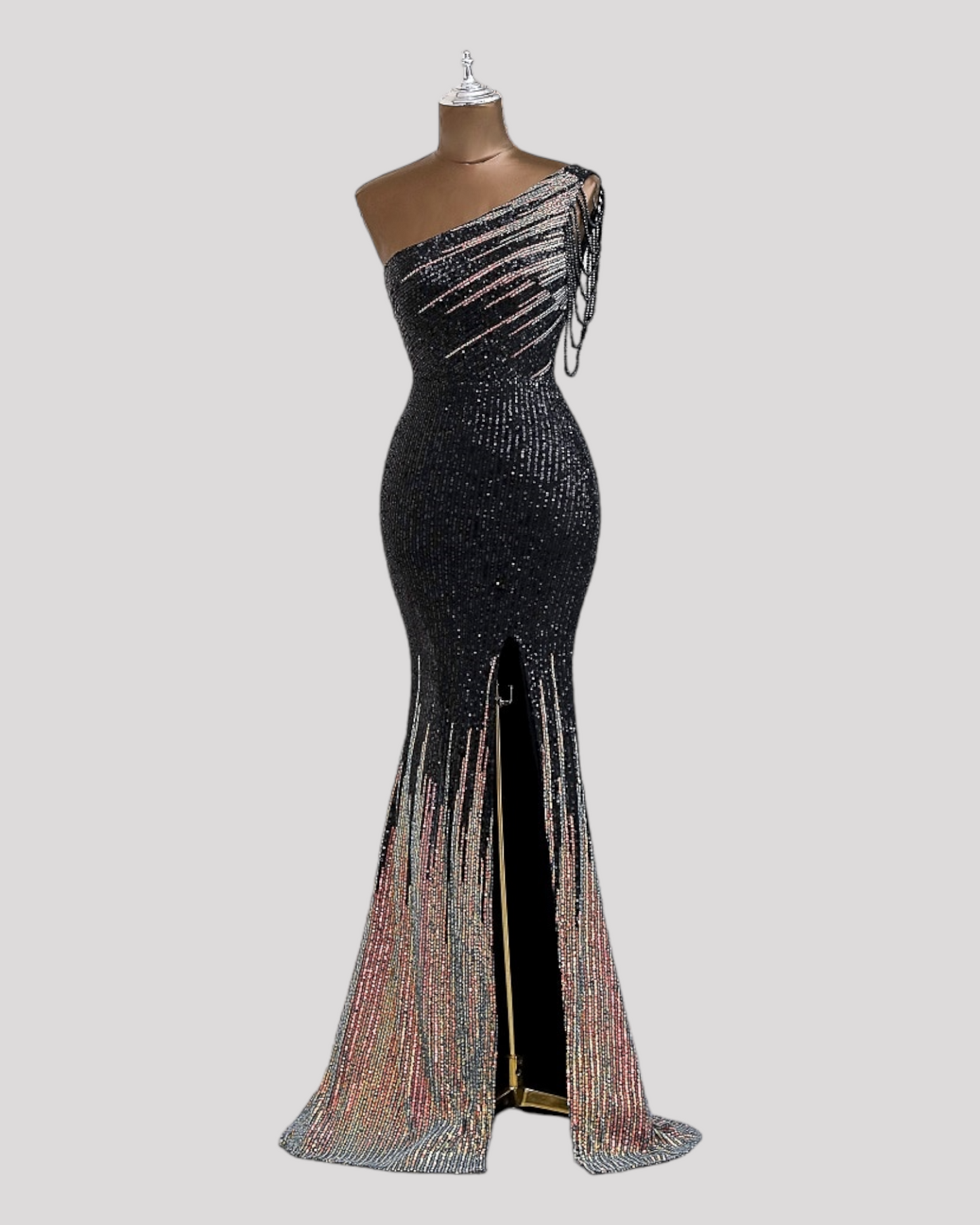One Shoulder Evening Dress in a 2 Tone Sequin Fabric with Shoulder Beading Draping, Available in 6 colours