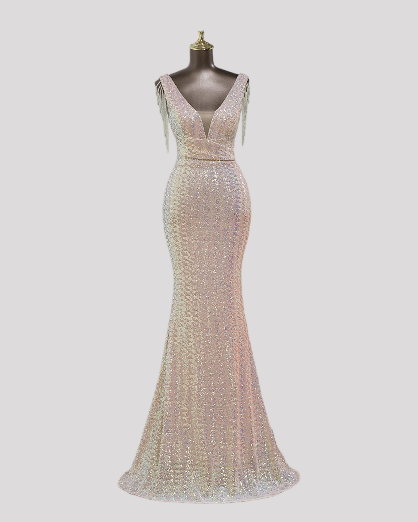 Mermaid Sequin Dress with Pleating detail over waist and Beaded illusion Sleeves