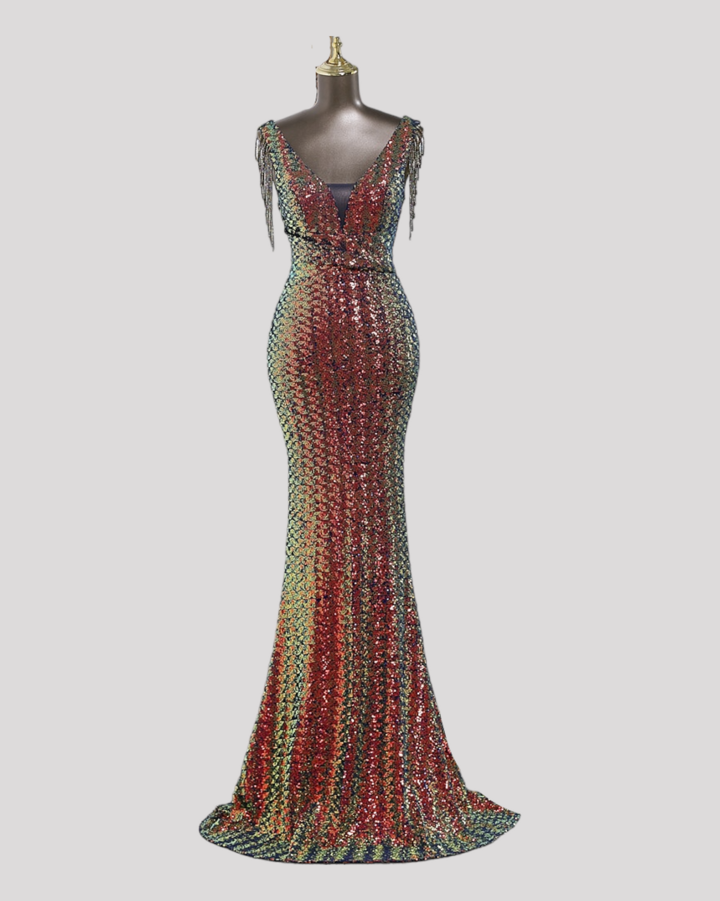 Mermaid Sequin Dress with Pleating detail over waist and Beaded illusion Sleeves