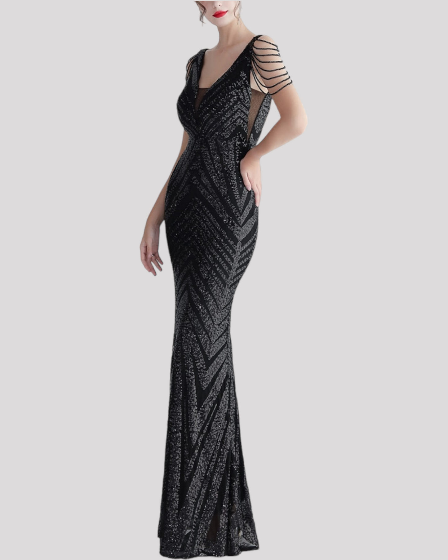 Stunning Mermaid Evening Dress with illusion cut outs and beading draping over shoulders
