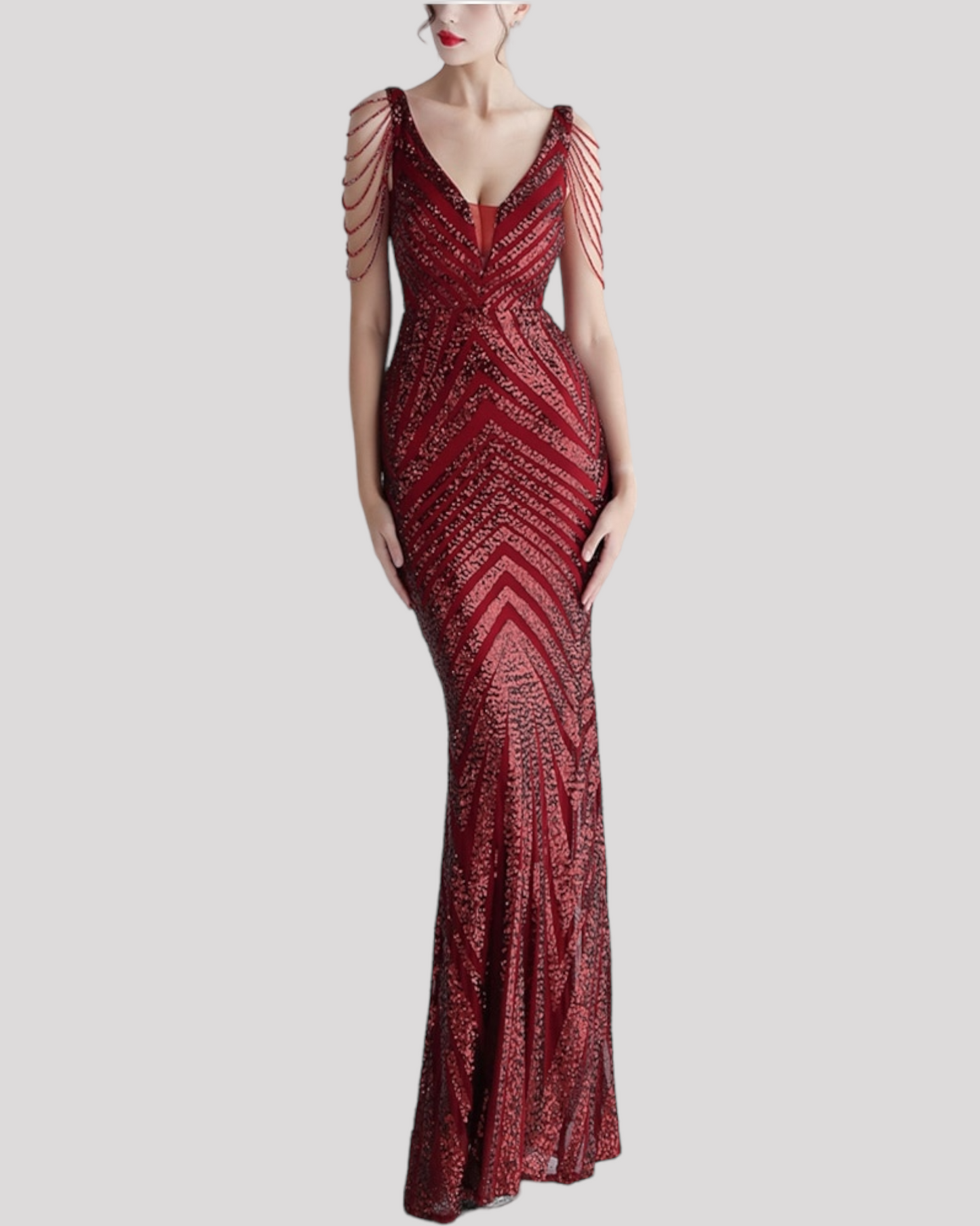Stunning Mermaid Evening Dress with illusion cut outs and beading draping over shoulders