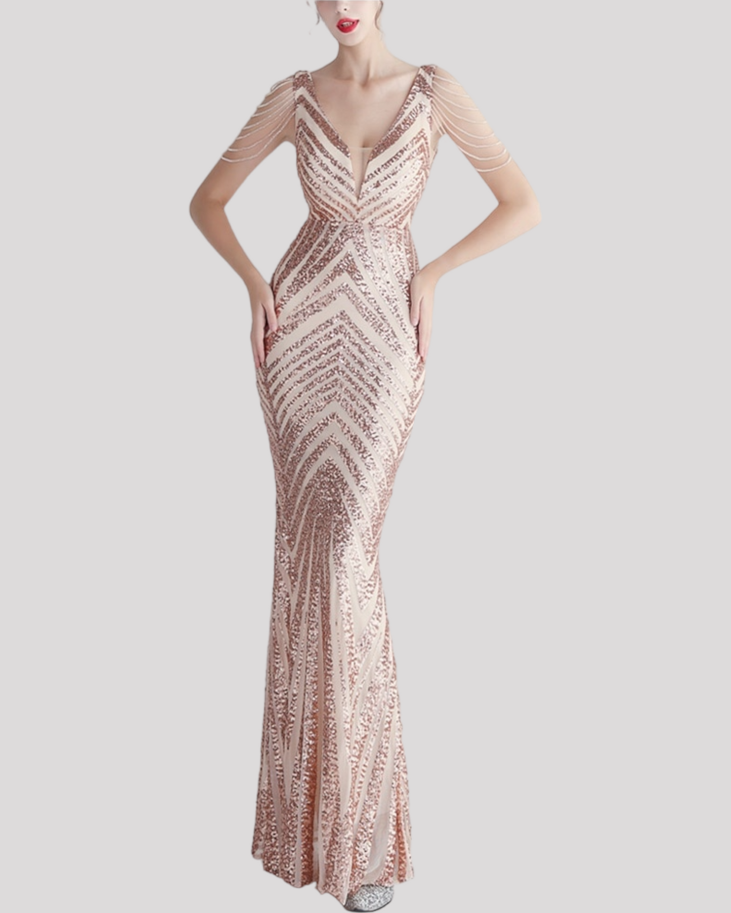 Stunning Mermaid Evening Dress with illusion cut outs and beading draping over shoulders