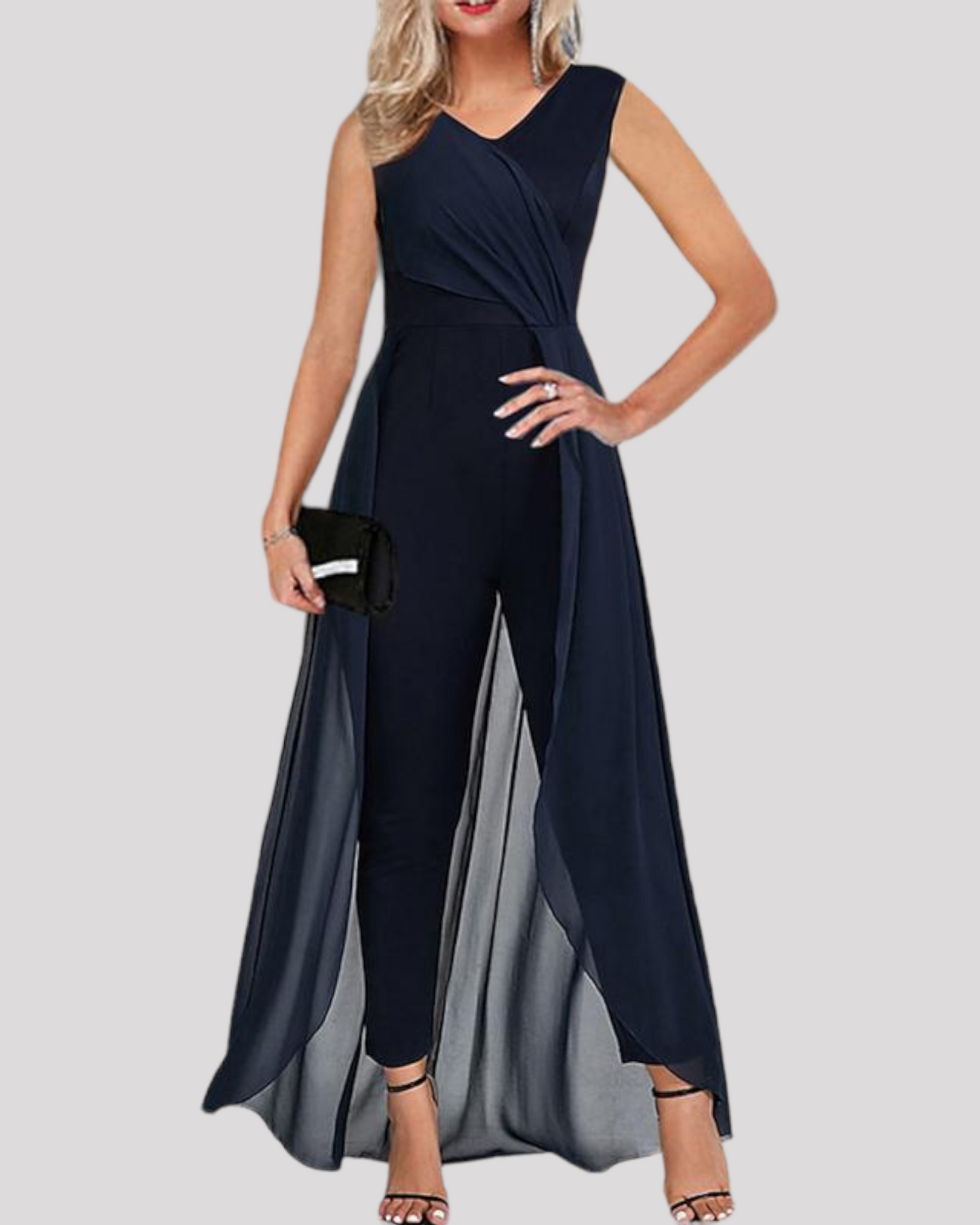 Elegant Jumpsuit with Skirt Overlay and Pleating Bodice Detail