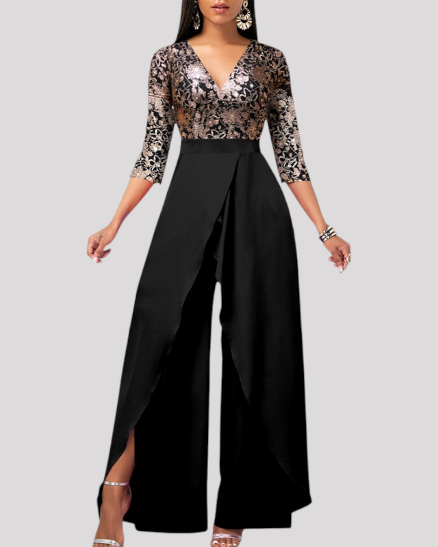 V Neck Women's Pants Suit with 3/4 Sleeves
